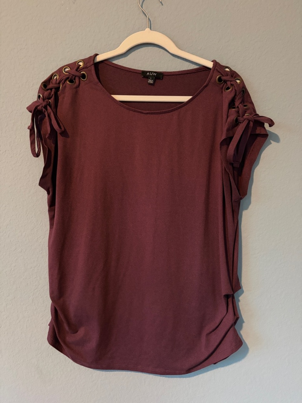 AUW Lace-Up Shoulder Short Sleeve Top - Maroon